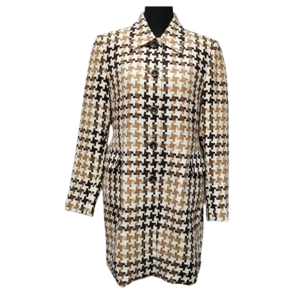 Worthington Vintage Cream Browns Houndstooth Tailored Mini Trench Coat Size 10